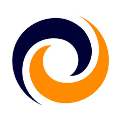 A logo for a company featuring a spiral design in dark blue and orange shades on white background