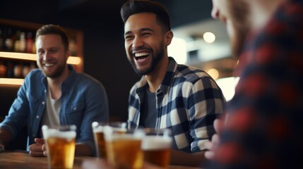 Obraz premium A group of beer-drinking friends having fun together in a bar