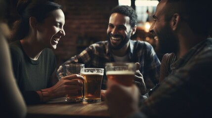 A group of beer-drinking friends having fun together in a bar - obrazy, fototapety, plakaty