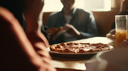 A group of friends eating pizza together - obrazy, fototapety, plakaty