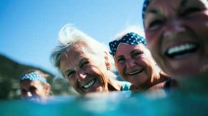 Group of elderly women friends all going into the sea together
