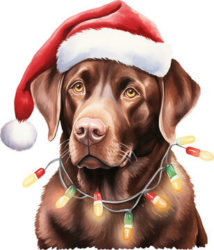 Christmas labrador in santa hat wrapped in christmas lights created with Generative AI technology
