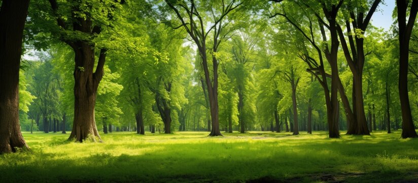 The beautiful summer landscape is adorned with lush green trees creating a stunning backdrop of nature enchanting forest filled with light and leaves making it a truly beautiful and natural
