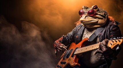Onstage charisma: a toad steals the show as a rock star, rocking out with an electric guitar - obrazy, fototapety, plakaty