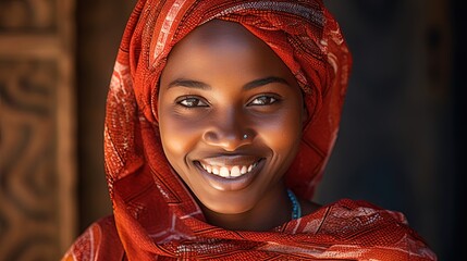 African woman looking at camera and smiling - obrazy, fototapety, plakaty