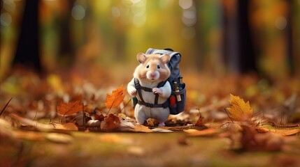 Carrying a backpack and wielding a magnifying glass, a research hamster explores its surroundings - obrazy, fototapety, plakaty