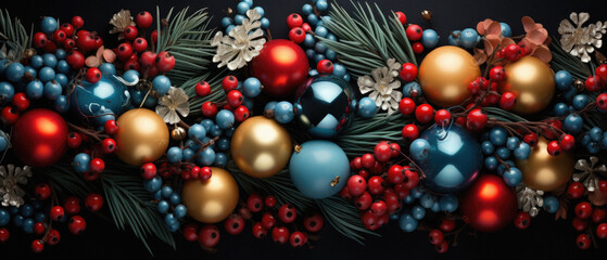 Obraz na płótnie Canvas Christmas and New Year background with red and blue baubles, fir branches, pine cones and berries.