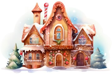 Christmas gingerbread house in the snow on a white background.