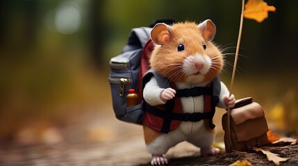 A hamster engaged in research, sporting a backpack and holding a magnifying glass - obrazy, fototapety, plakaty
