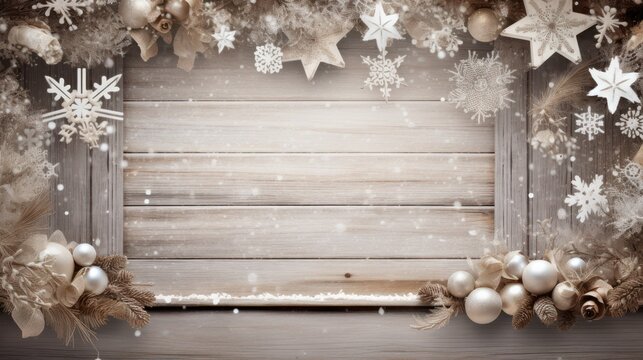 Wooden christmas background with snowflakes, stars