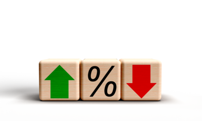 green color growth up red pink down crisis business rate percent symbol sign arrow price bank credit loan economy discount value rise cost reduction trade recession risk tax currency discount sale 
