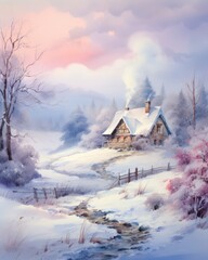 Winter landscape with old wooden house in the snow.