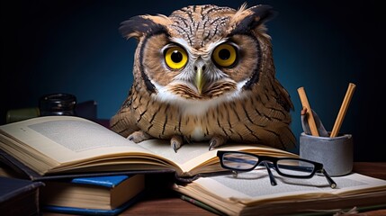 A scientist owl with books and glasses - obrazy, fototapety, plakaty