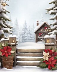 Christmas background with poinsettia flower and wooden sign.