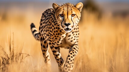 Cheetah's Graceful Movement on Savannah, Spotted Coat Blends Effortlessly with Golden Grass