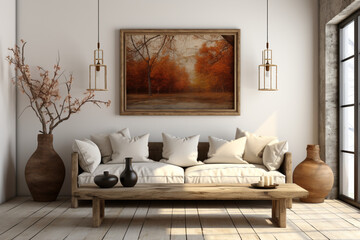 Rustic interior design of modern living room with beige fabric sofa and cushions made with AI