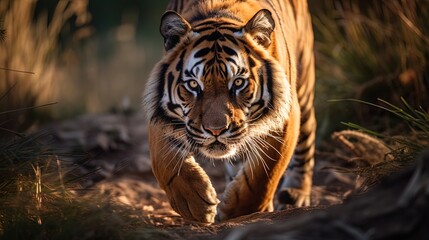 A Tiger Emerges from the Back of a Flap in the Midday Light. Powerful Grace in Every Step
