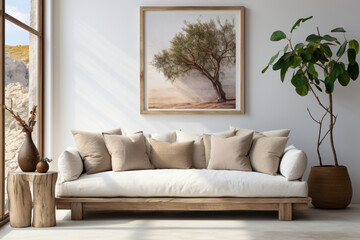 Fototapeta premium Rustic interior design of modern living room with beige fabric sofa and cushions made with AI