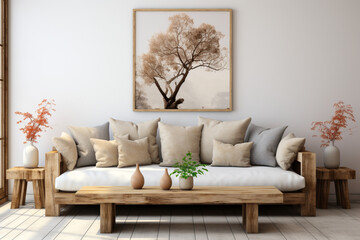 Rustic interior design of modern living room with beige fabric sofa and cushions made with AI