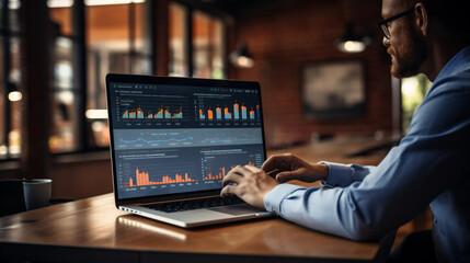 Businessman works on laptop showing business analytics dashboard with charts, metrics, and KPI to analyze performance and create insight reports for operations management. Data analysis concept. AI G - obrazy, fototapety, plakaty