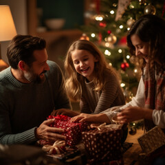Rodzice z córką rozpakowujący świąteczne prezenty przy choince - obrazy, fototapety, plakaty