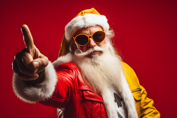santa claus wearing glasses pointing towards yellow background made with AI