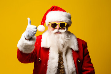 santa claus wearing glasses pointing towards yellow background made with AI