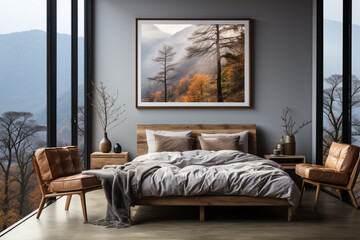 Scandinavian interior design of modern bedroom with big art poster frame made with AI