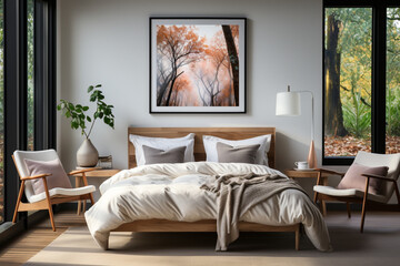 Scandinavian interior design of modern bedroom with big art poster frame made with AI