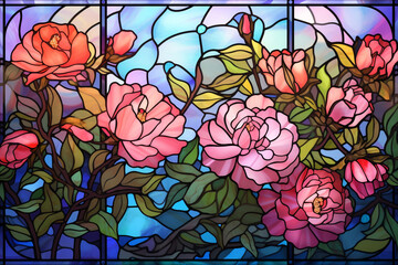 stain glass window with flowers, high resolution made with AI