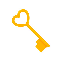 Golden Heart Key Icon for valentines day. Old Medieval love symbol isolated on white background