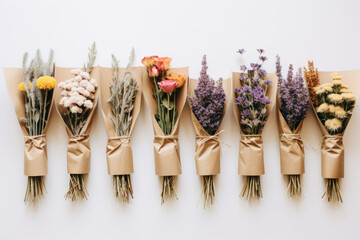 Various flowers in bunches, herbs and dried flowers in craft packaging on white background, flatlay