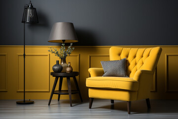 Tufted armchair and coffee table with lamp near yellow wall made with AI