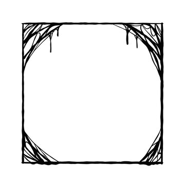 Halloween frame. Cobwebs and slimy threads border. Scary creepy silhouette. Dark spiderweb, hand drawn gossamer. Square Cartoon illustration isolated on white