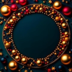 Festive New Year background. Frame for text with many colorful, golden balls, decorations. Design for wallpaper, advertising, flyer, booklet, postcard, poster.