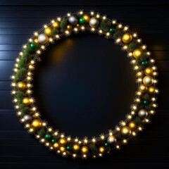 Festive New Year background. Frame for text with a garland, lights, many multi-colored, golden balls, decorations. Design for wallpaper, advertising, flyer, booklet, postcard, poster.