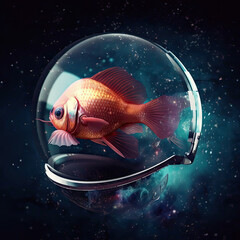 Red fish in transparent helmet swimming in open space like in aquarium on galaxy background. Freedom and dream concept