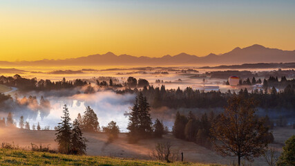 Ein Heißluftballon starten aus dem Nebel Nahe dem Schwaigsee in Bayern. 