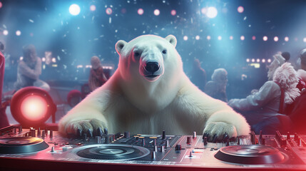 Polar Bear DJ Rocking Christmas Party - obrazy, fototapety, plakaty