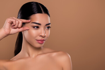 Photo of perfect lady touch finger face brows plastic collagen lifting empty space isolated on beige color background