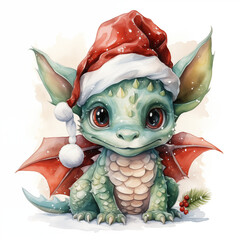 Cute watercolor illustration of a christmas dragon in red hat
