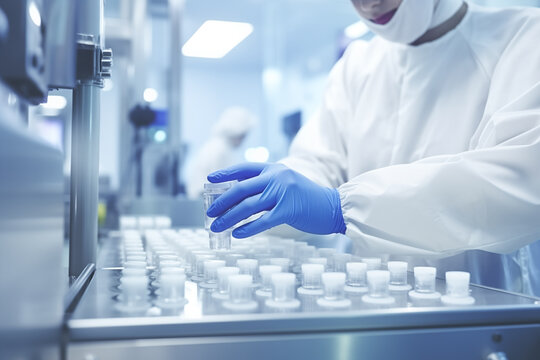 Pharmacist's hand with sanitary gloves checks medical vials in the production line of a pharmaceutical factory