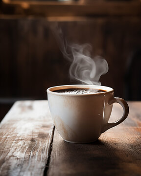 Warm cup of coffee with visible steam rising on wooden surface, conveying comfort, morning routine and cozy atmosphere.