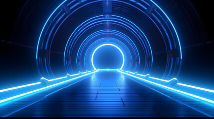 Futuristic Cyberpunk Neon light space tunnel, modern high technology, science fantasy, glowing cosmic in a blue mood 