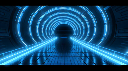 Futuristic Cyberpunk Neon light space tunnel, modern high technology, science fantasy, glowing cosmic in a blue mood 