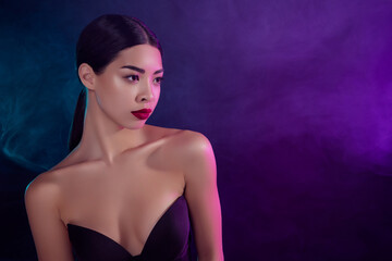 Fototapeta premium Photo of chic classy lady girlfriend on misty neon nightclub dating with rich vip boyfriend