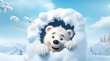 Foto op Canvas Buraco 3D na parede de neve com um Urso fofo e brincalhão usando um chapéu de Papai Noel em uma cena de Natal no Pólo Norte © Alexandre