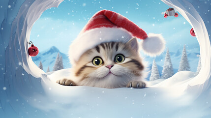 Buraco 3D na parede de neve com um gato fofo e brincalhão usando um chapéu de Papai Noel em uma cena de Natal no Pólo Norte - obrazy, fototapety, plakaty