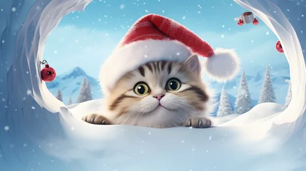 Fotobehang Buraco 3D na parede de neve com um gato fofo e brincalhão usando um chapéu de Papai Noel em uma cena de Natal no Pólo Norte © Alexandre