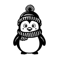 Black and white illustration of a charming cartoon penguin dressed in a warm hat and scarf. Winter theme vector